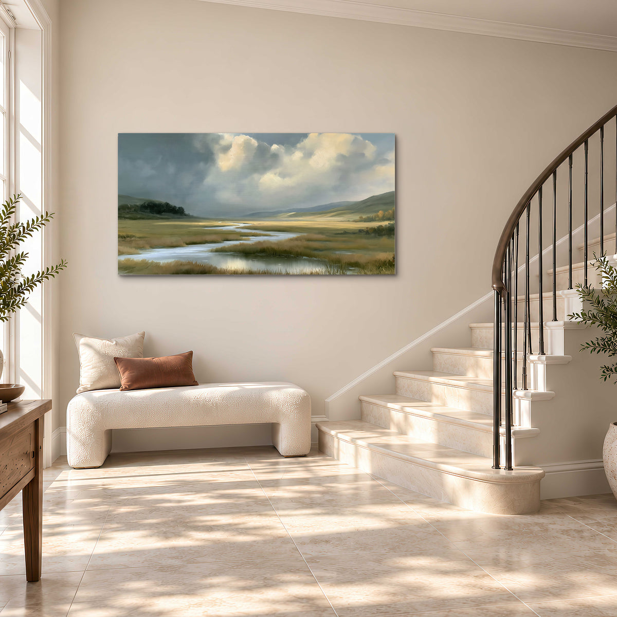 A winding stream through an open meadow beneath large sunlit clouds single canvas wall art styled in an interior
