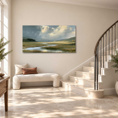 A winding stream through an open meadow beneath large sunlit clouds single canvas wall art styled in an interior