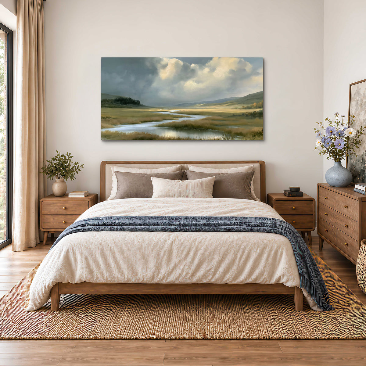 A winding stream through an open meadow beneath large sunlit clouds single canvas wall art styled in an interior
