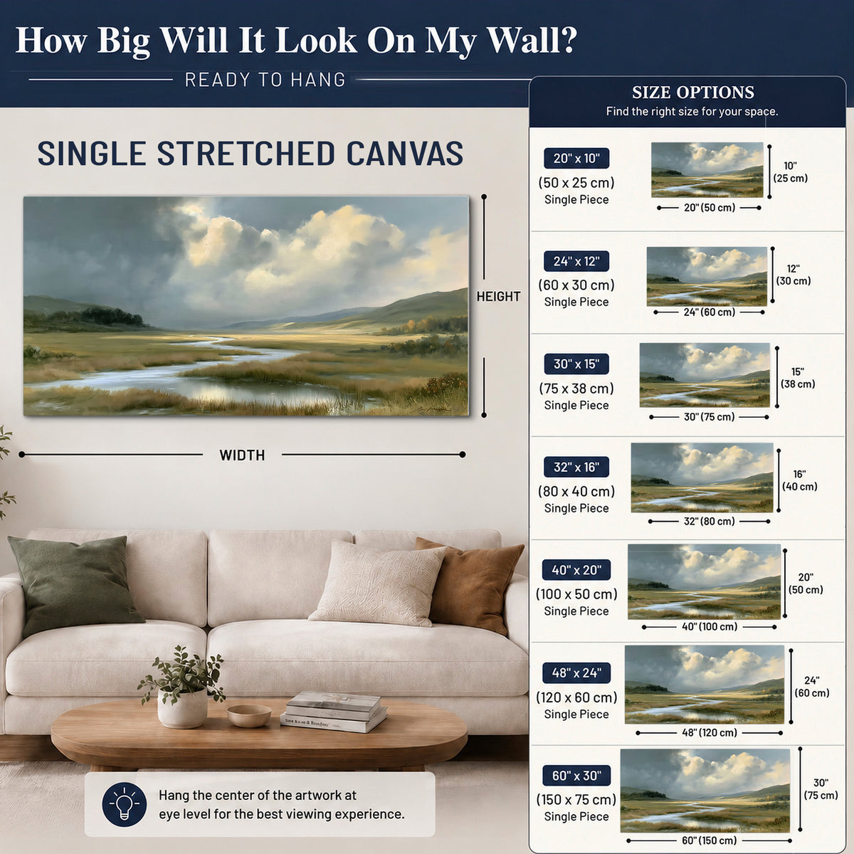 A winding stream through an open meadow beneath large sunlit clouds single canvas wall art size guide above a sofa; room view is illustrative