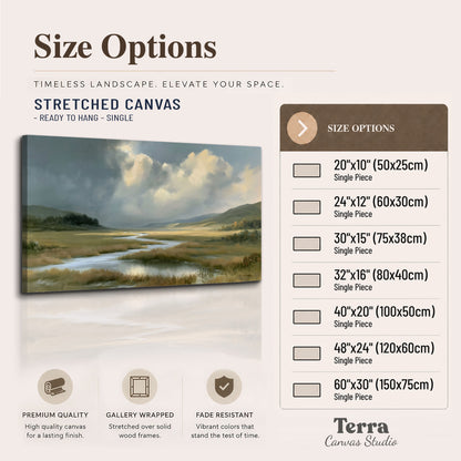 A winding stream through an open meadow beneath large sunlit clouds single canvas wall art available dimensions