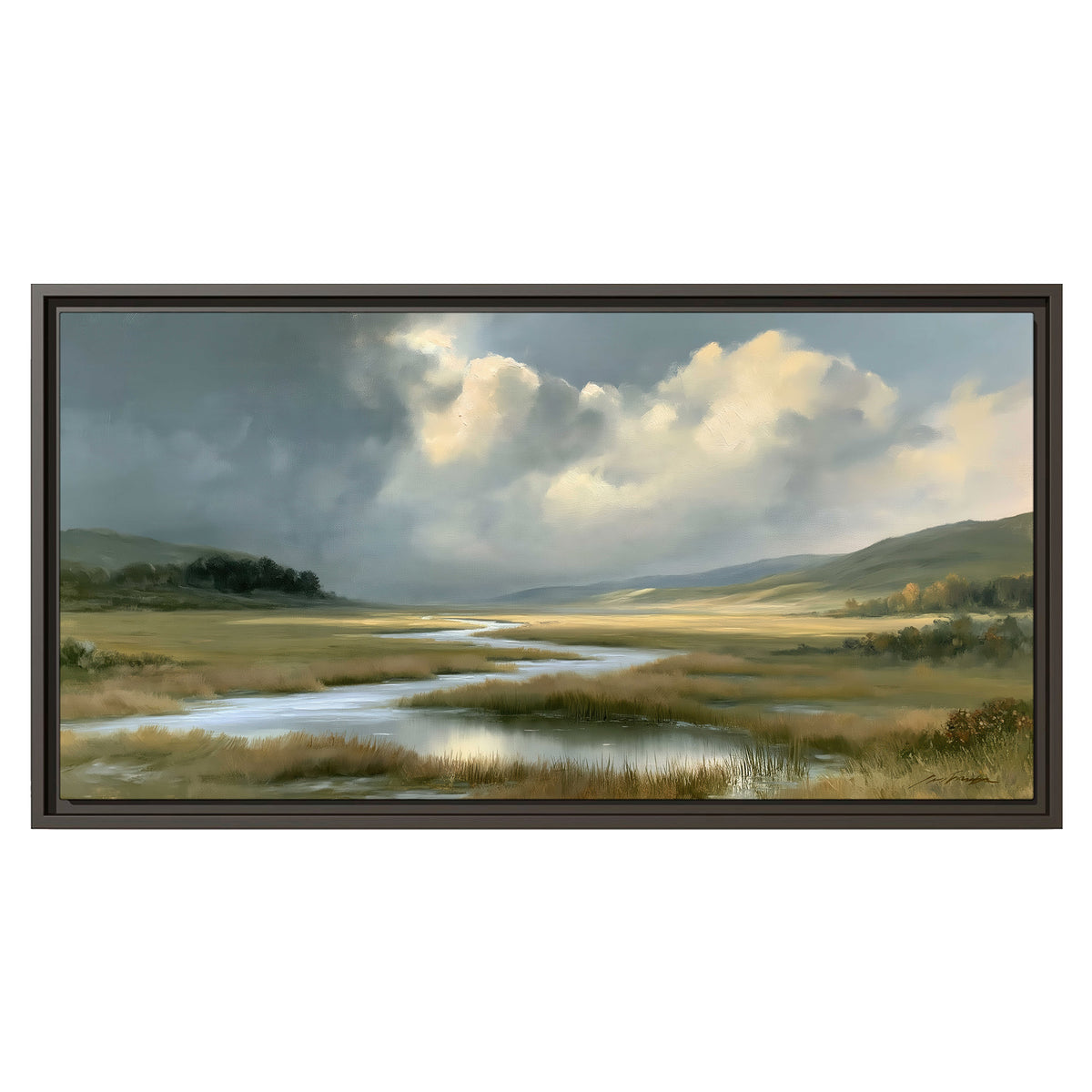 A winding stream through an open meadow beneath large sunlit clouds single framed canvas wall art viewed straight on