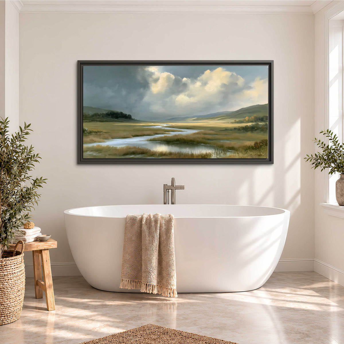 A winding stream through an open meadow beneath large sunlit clouds single framed canvas wall art styled in an interior