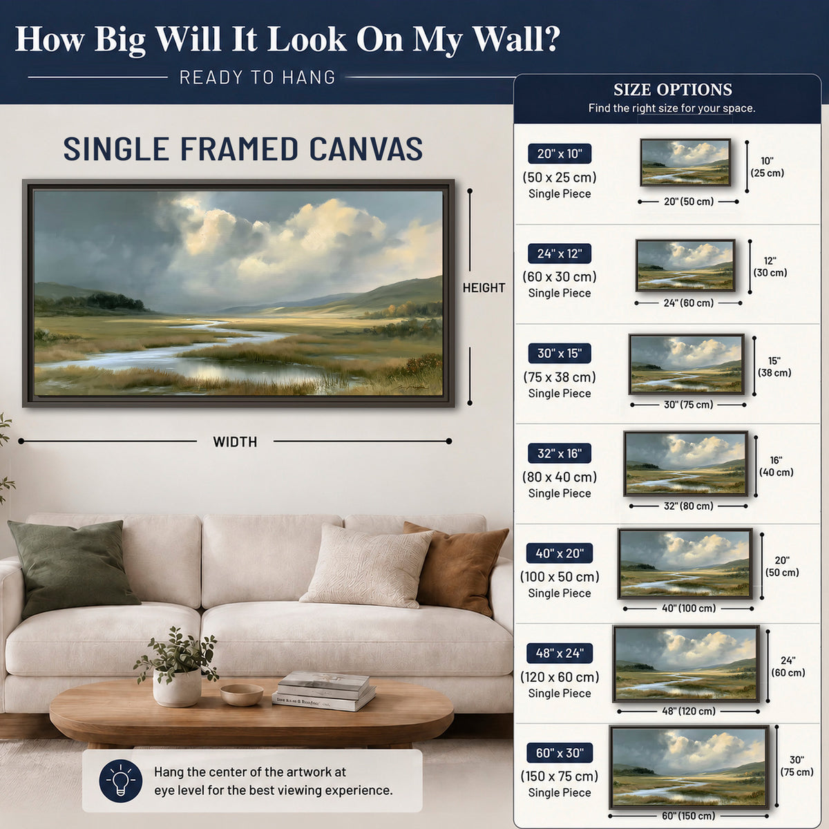 A winding stream through an open meadow beneath large sunlit clouds single framed canvas wall art size guide above a sofa; room view is illustrative