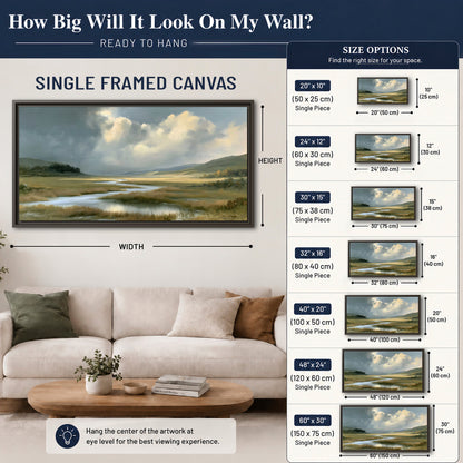 A winding stream through an open meadow beneath large sunlit clouds single framed canvas wall art size guide above a sofa; room view is illustrative