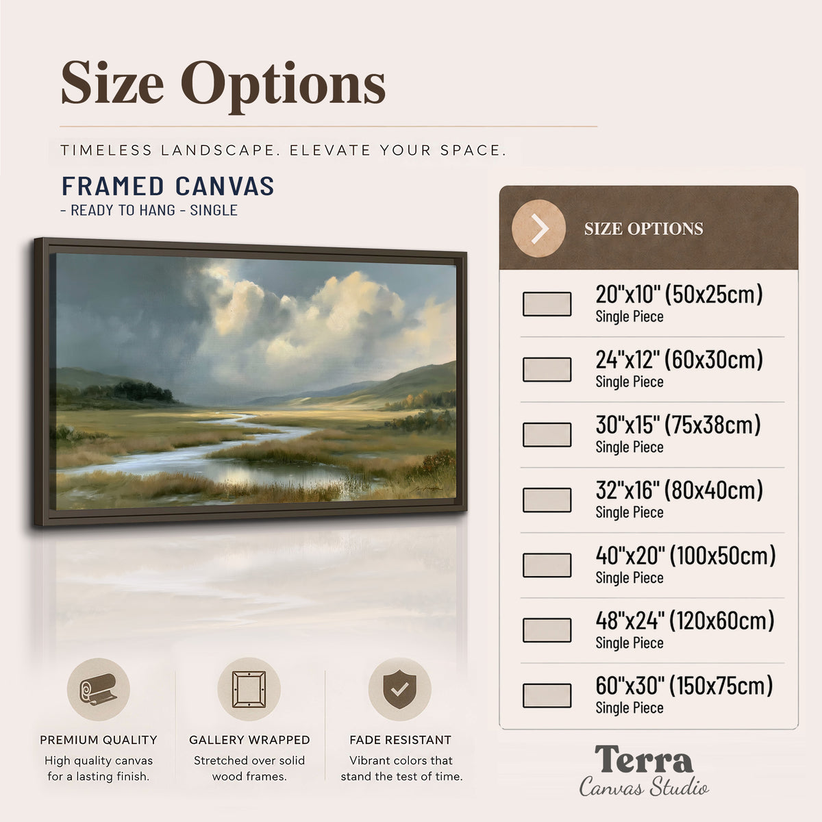 A winding stream through an open meadow beneath large sunlit clouds single framed canvas wall art available dimensions
