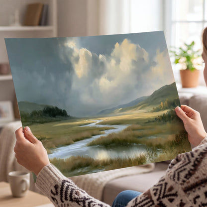 A winding stream through an open meadow beneath large sunlit clouds single poster print held in hands