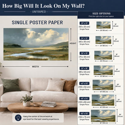 A winding stream through an open meadow beneath large sunlit clouds single poster print size guide above a sofa; room view is illustrative