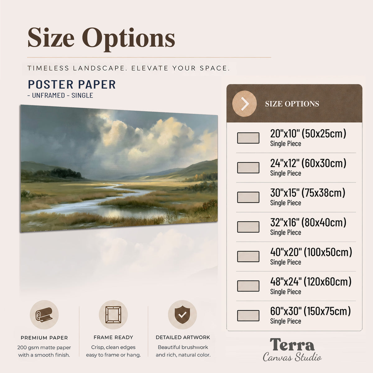 A winding stream through an open meadow beneath large sunlit clouds single poster print available dimensions