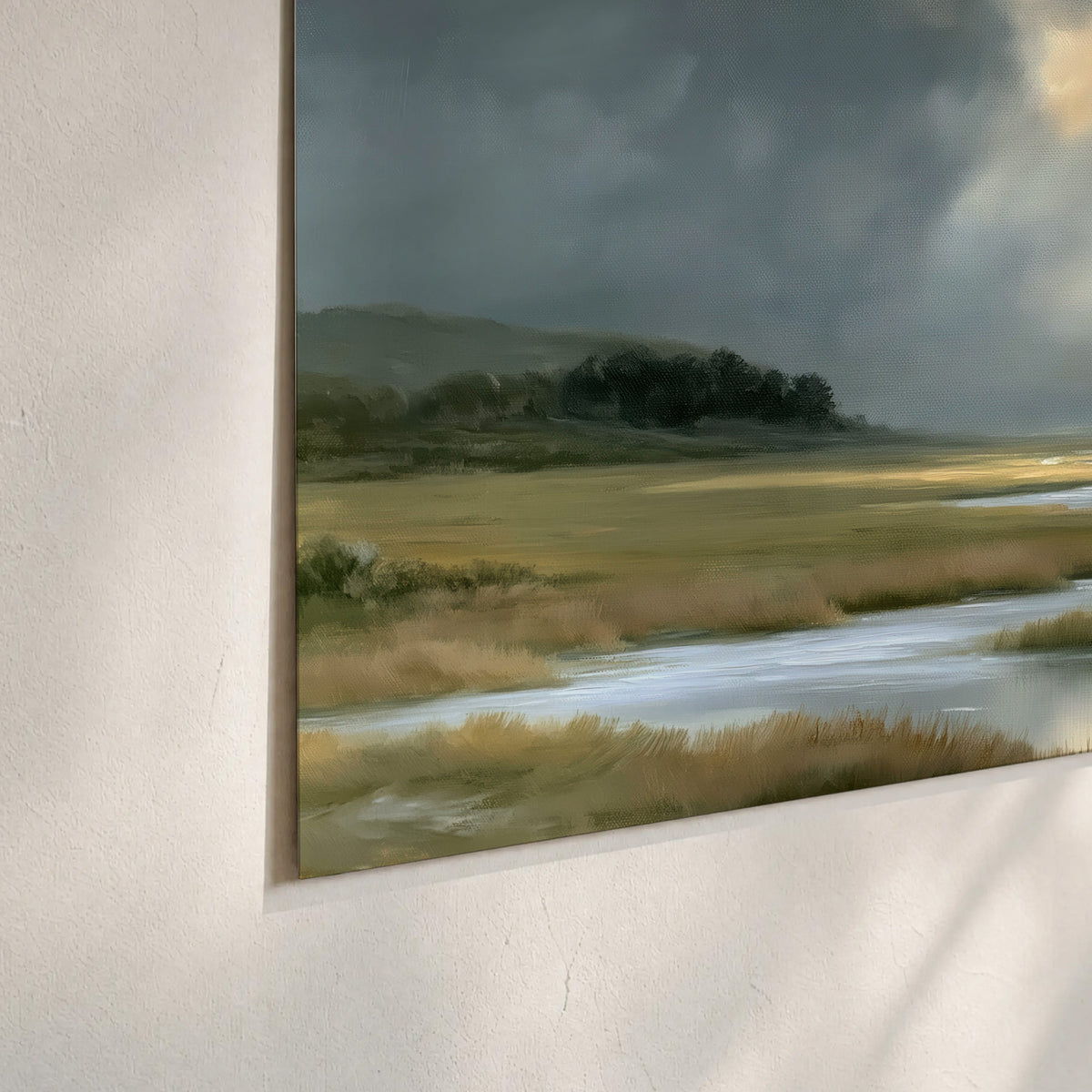 A winding stream through an open meadow beneath large sunlit clouds set of 3 poster prints material and edge close up