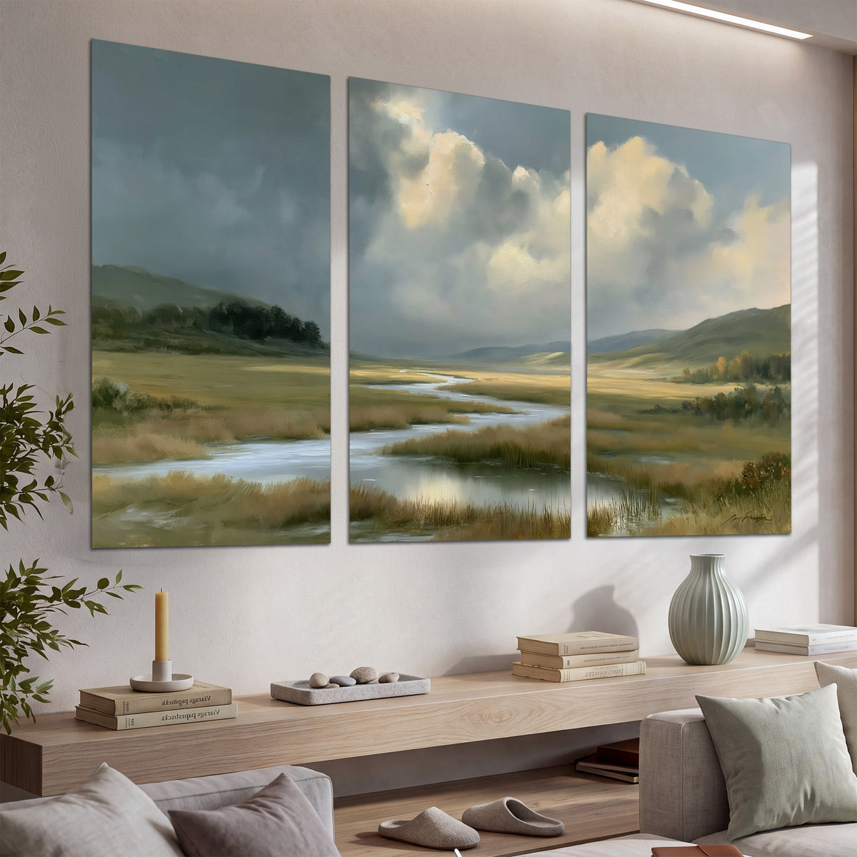 A winding stream through an open meadow beneath large sunlit clouds set of 3 poster prints displayed in a console