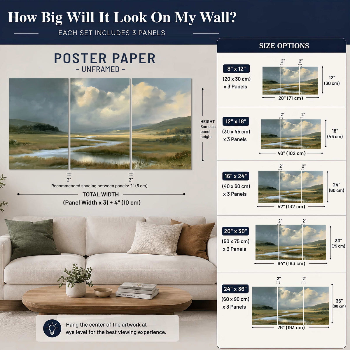 A winding stream through an open meadow beneath large sunlit clouds set of 3 poster prints size guide above a sofa; room view is illustrative