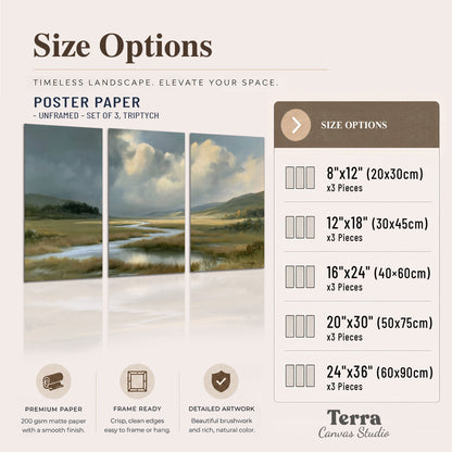 A winding stream through an open meadow beneath large sunlit clouds set of 3 poster prints available dimensions; triptych dimensions are per panel