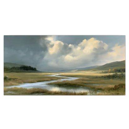 A winding stream through an open meadow beneath large sunlit clouds single canvas wall art viewed straight on