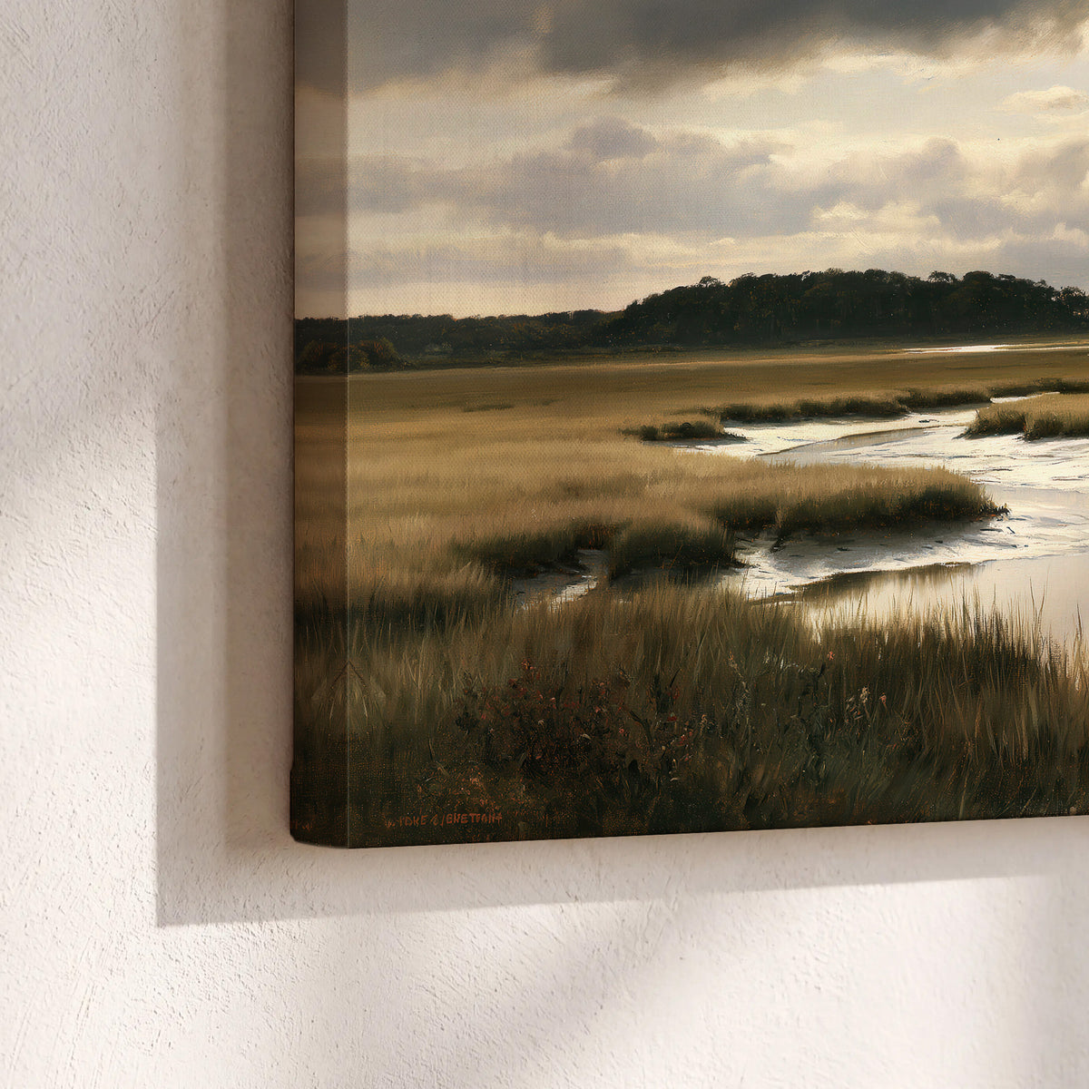 Pools of still water reflecting a dramatic cloud-filled sky across a golden marsh 3 piece canvas wall art material and edge close up