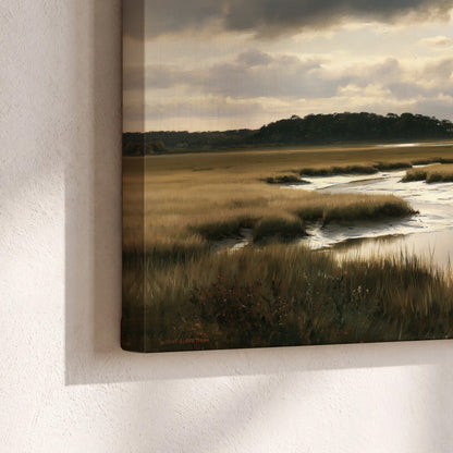 Pools of still water reflecting a dramatic cloud-filled sky across a golden marsh 3 piece canvas wall art material and edge close up