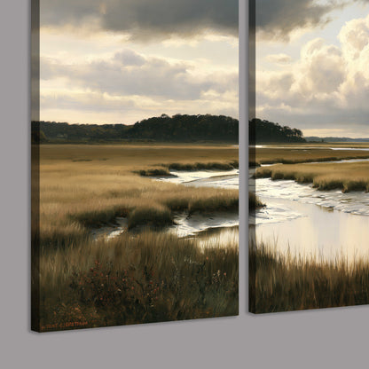 Pools of still water reflecting a dramatic cloud-filled sky across a golden marsh 3 piece canvas wall art room and product view