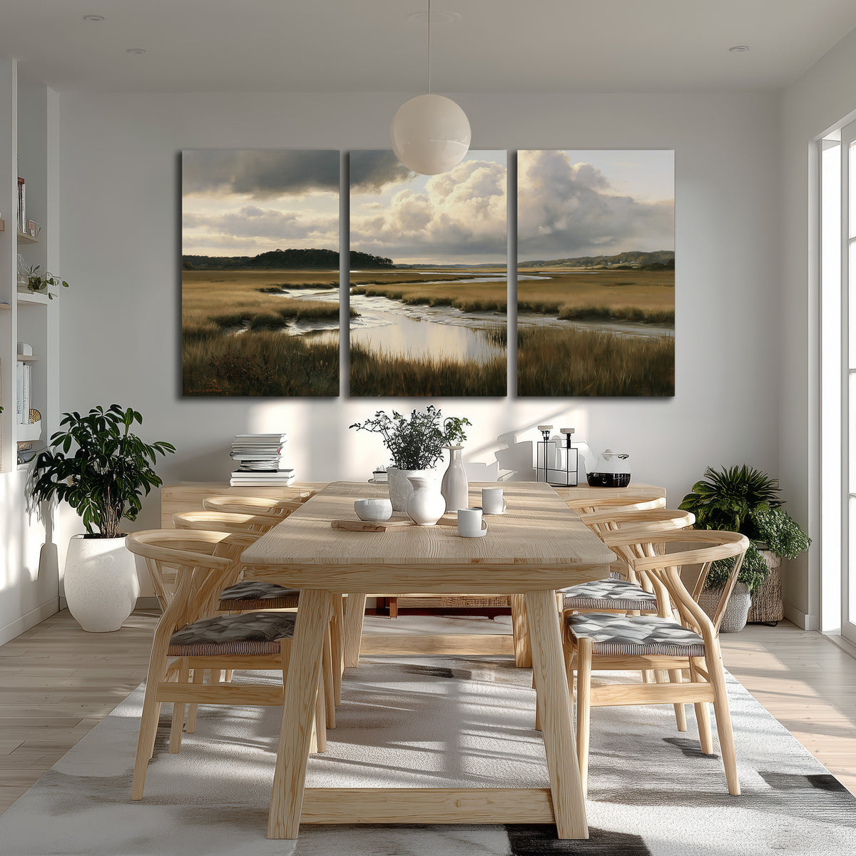 Pools of still water reflecting a dramatic cloud-filled sky across a golden marsh 3 piece canvas wall art room and product view