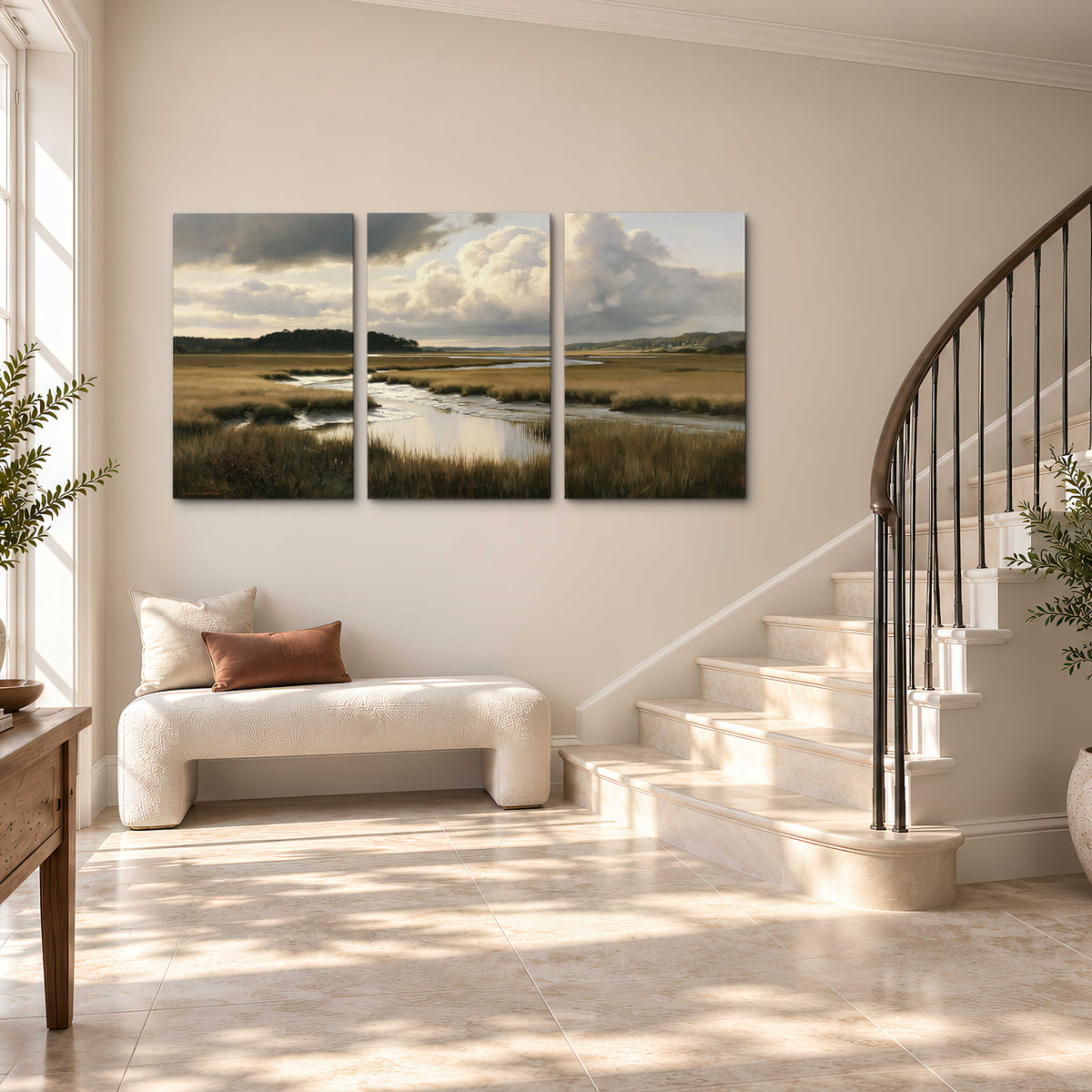 Pools of still water reflecting a dramatic cloud-filled sky across a golden marsh 3 piece canvas wall art styled in an interior