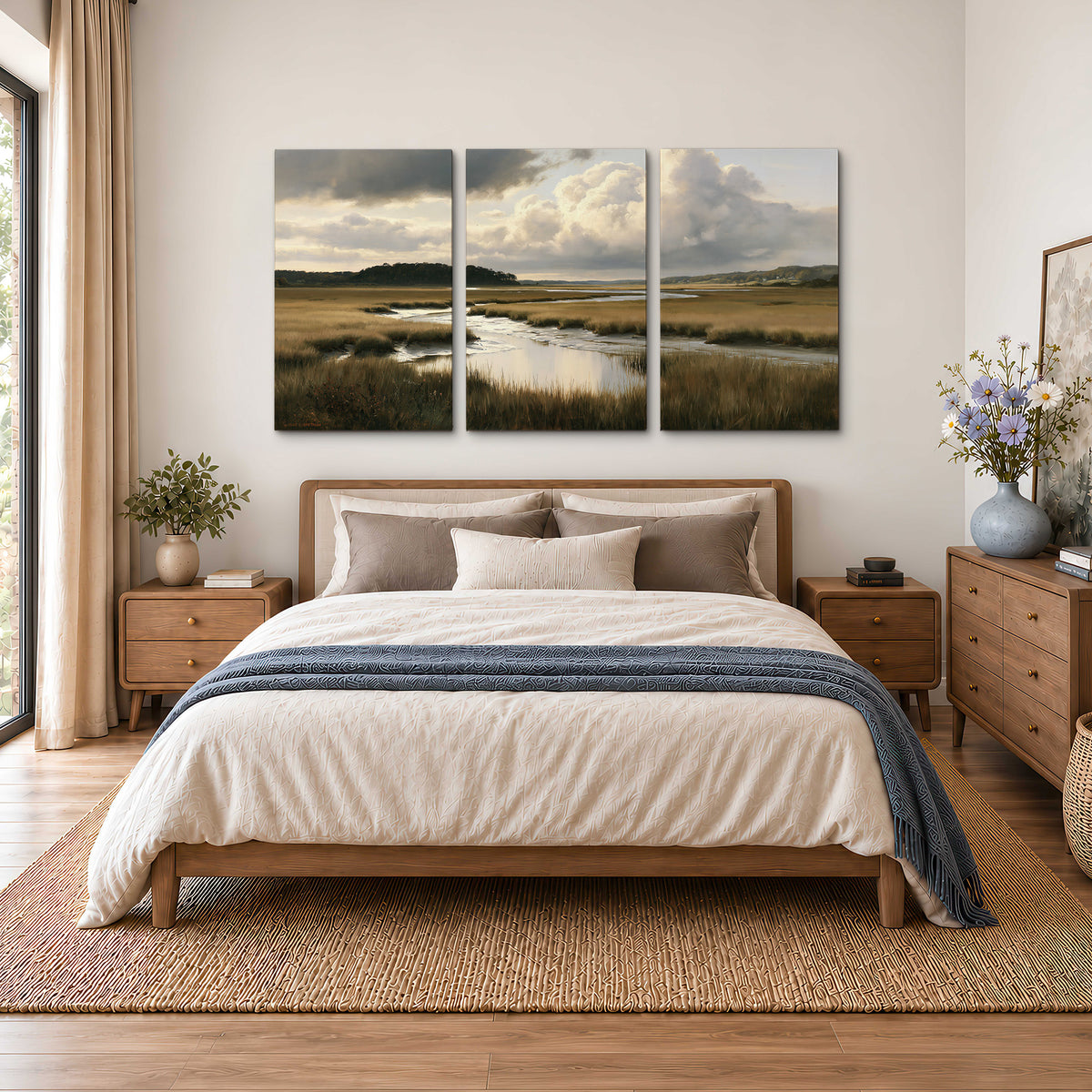 Pools of still water reflecting a dramatic cloud-filled sky across a golden marsh 3 piece canvas wall art styled in an interior