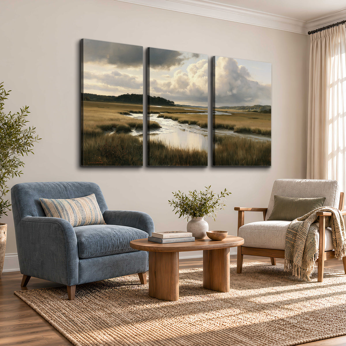Pools of still water reflecting a dramatic cloud-filled sky across a golden marsh 3 piece canvas wall art styled in an interior