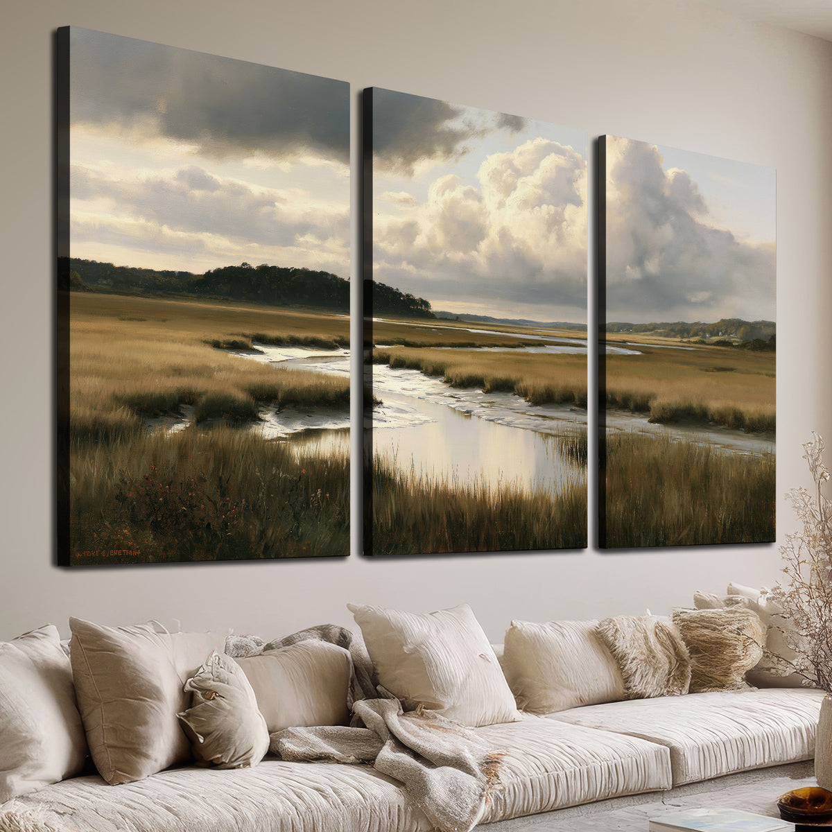 Pools of still water reflecting a dramatic cloud-filled sky across a golden marsh 3 piece canvas wall art room and product view