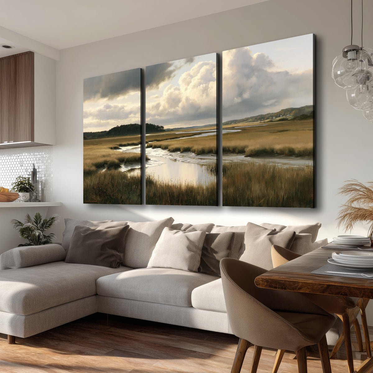 Pools of still water reflecting a dramatic cloud-filled sky across a golden marsh 3 piece canvas wall art room and product view