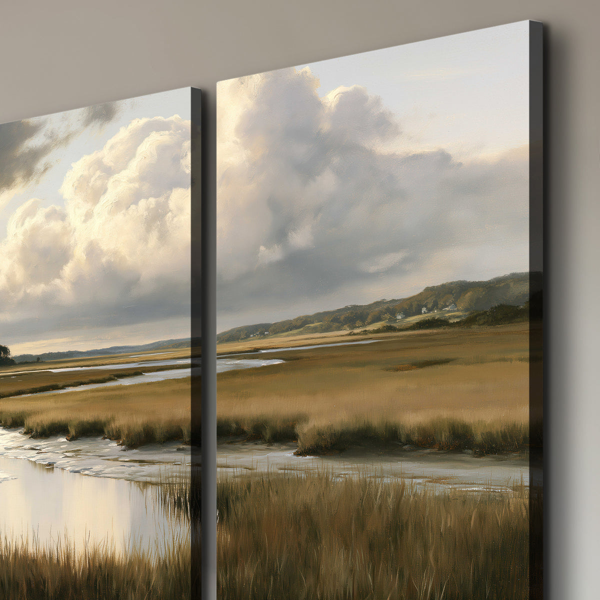 Pools of still water reflecting a dramatic cloud-filled sky across a golden marsh 3 piece canvas wall art room and product view