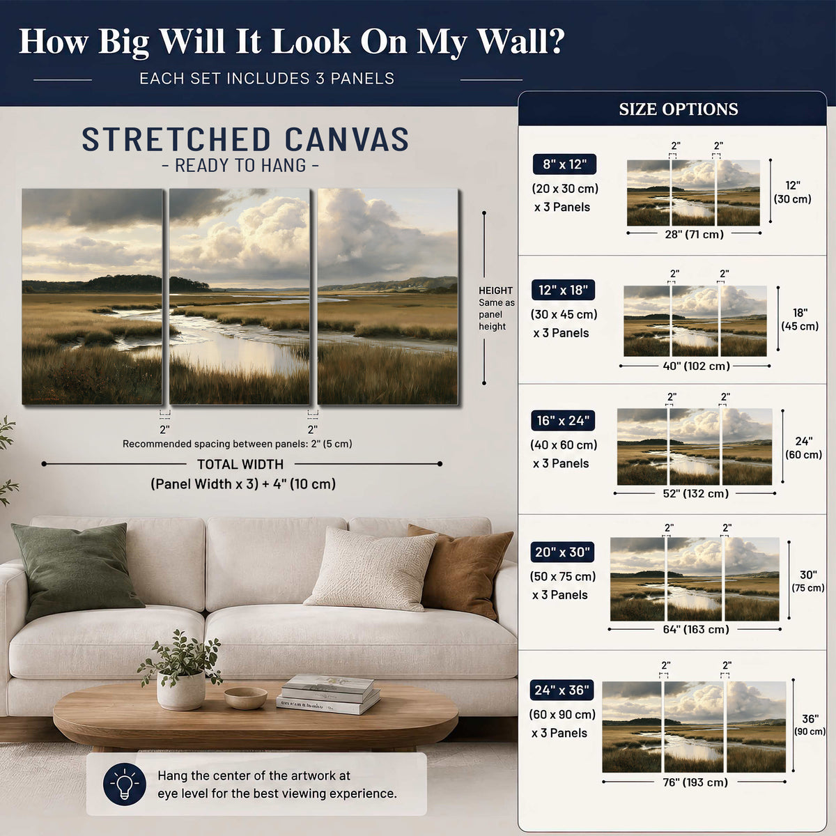 Pools of still water reflecting a dramatic cloud-filled sky across a golden marsh 3 piece canvas wall art size guide above a sofa; room view is illustrative