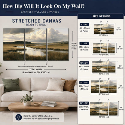 Pools of still water reflecting a dramatic cloud-filled sky across a golden marsh 3 piece canvas wall art size guide above a sofa; room view is illustrative
