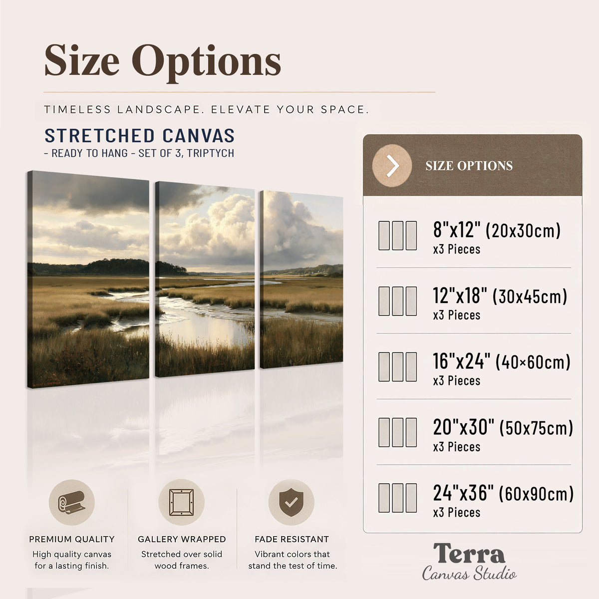 Pools of still water reflecting a dramatic cloud-filled sky across a golden marsh 3 piece canvas wall art available dimensions; triptych dimensions are per panel