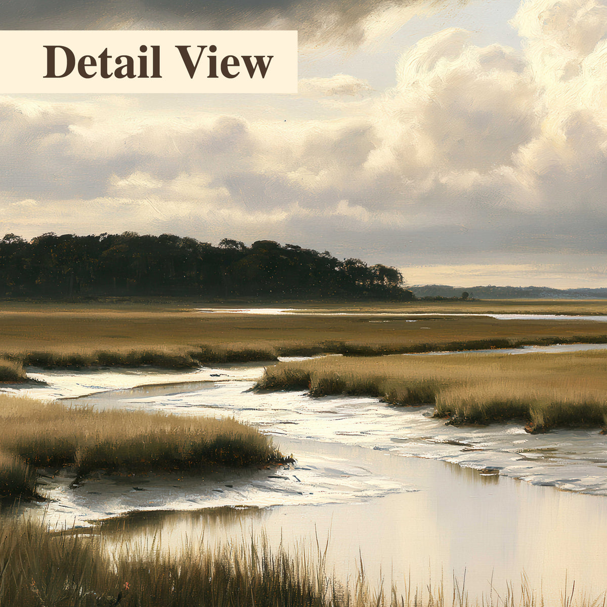 Pools of still water reflecting a dramatic cloud-filled sky across a golden marsh 3 piece canvas wall art artwork detail close up