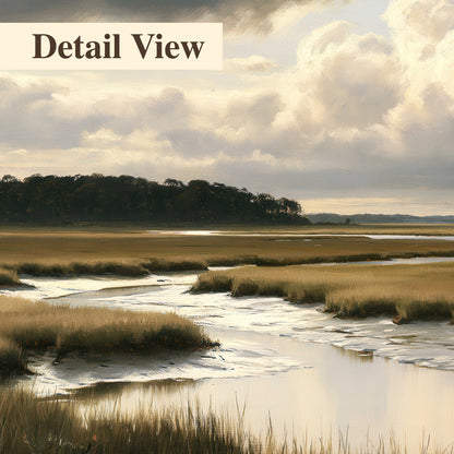 Pools of still water reflecting a dramatic cloud-filled sky across a golden marsh 3 piece canvas wall art artwork detail close up