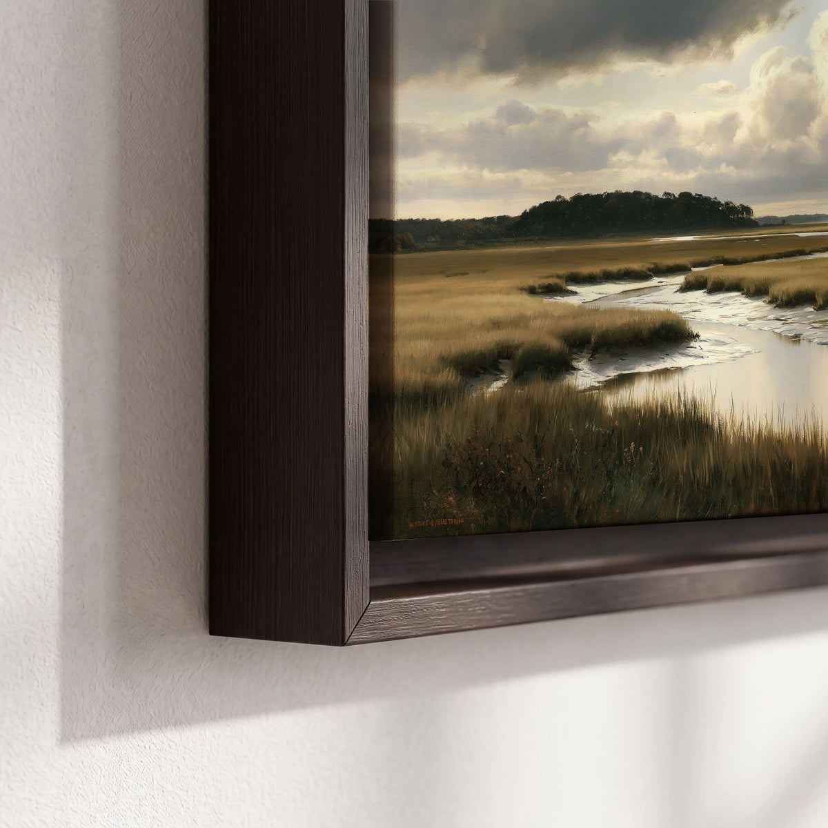 Pools of still water reflecting a dramatic cloud-filled sky across a golden marsh 3 piece framed canvas wall art material and edge close up