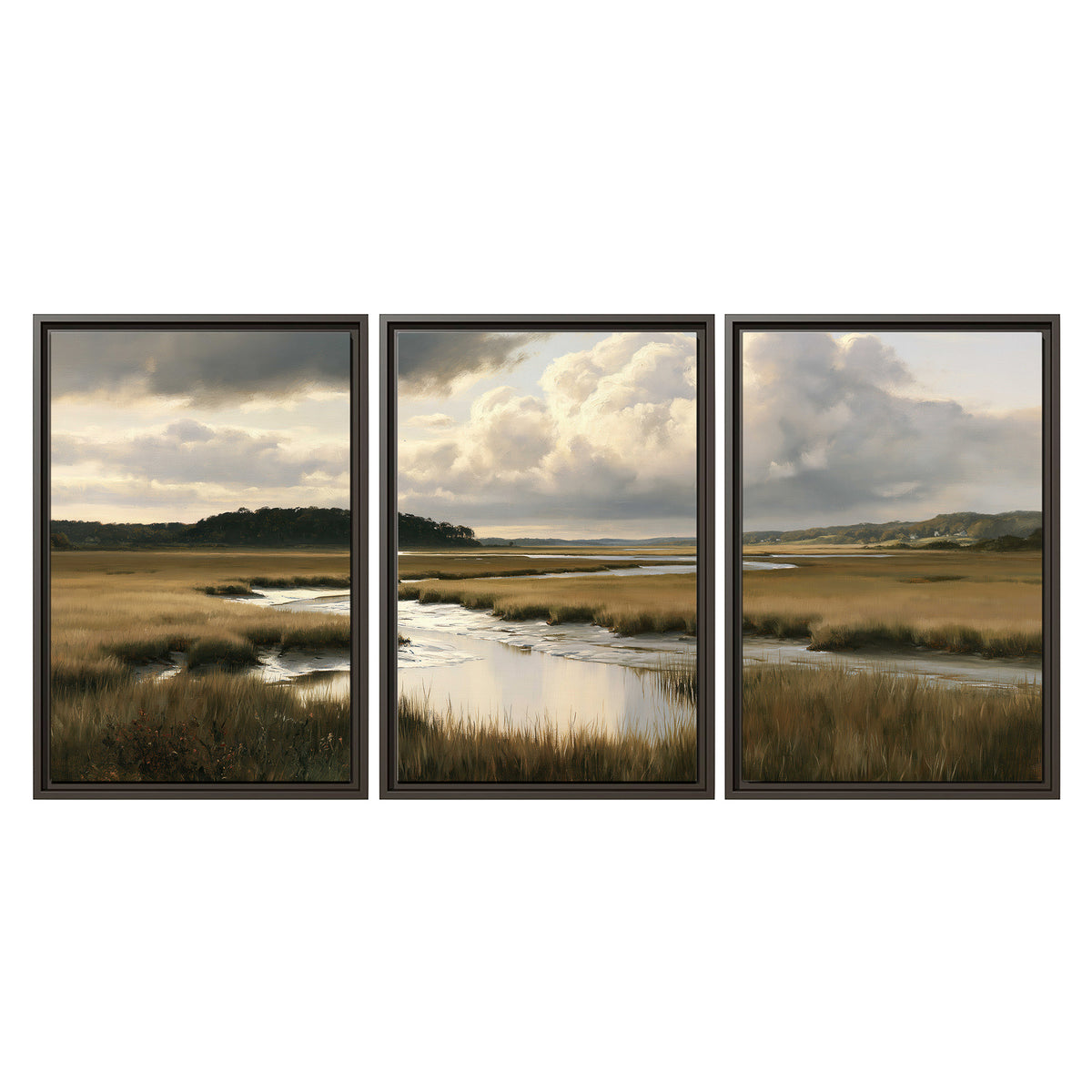 Pools of still water reflecting a dramatic cloud-filled sky across a golden marsh 3 piece framed canvas wall art viewed straight on
