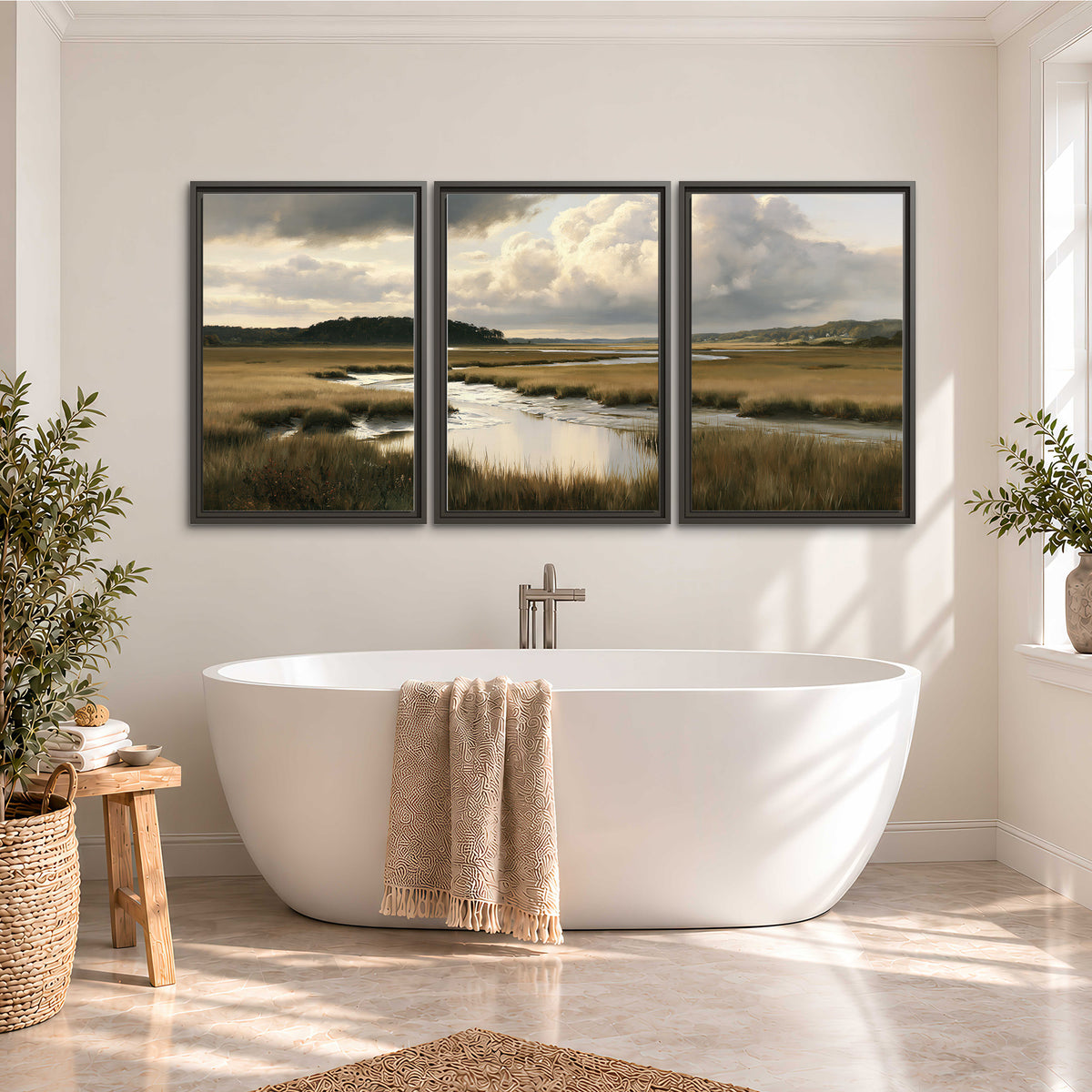 Pools of still water reflecting a dramatic cloud-filled sky across a golden marsh 3 piece framed canvas wall art styled in an interior
