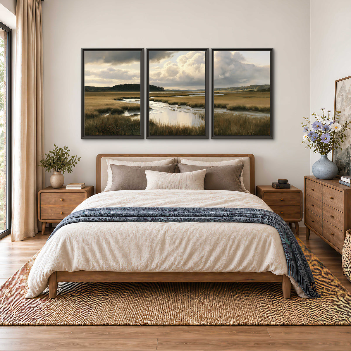 Pools of still water reflecting a dramatic cloud-filled sky across a golden marsh 3 piece framed canvas wall art styled in an interior