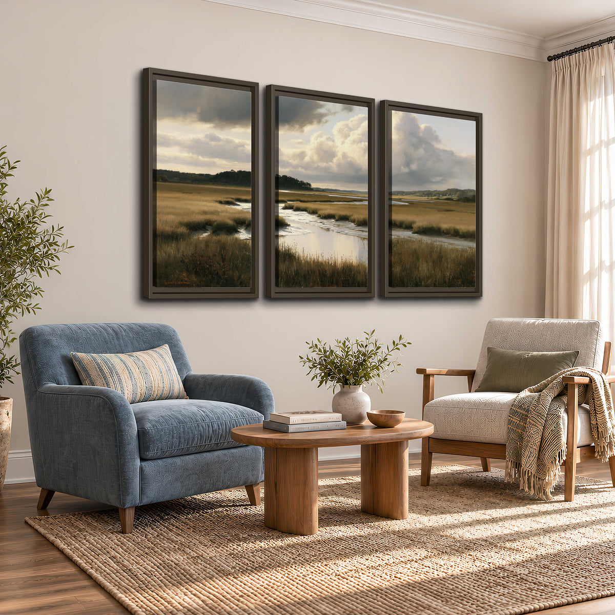 Pools of still water reflecting a dramatic cloud-filled sky across a golden marsh 3 piece framed canvas wall art styled in an interior