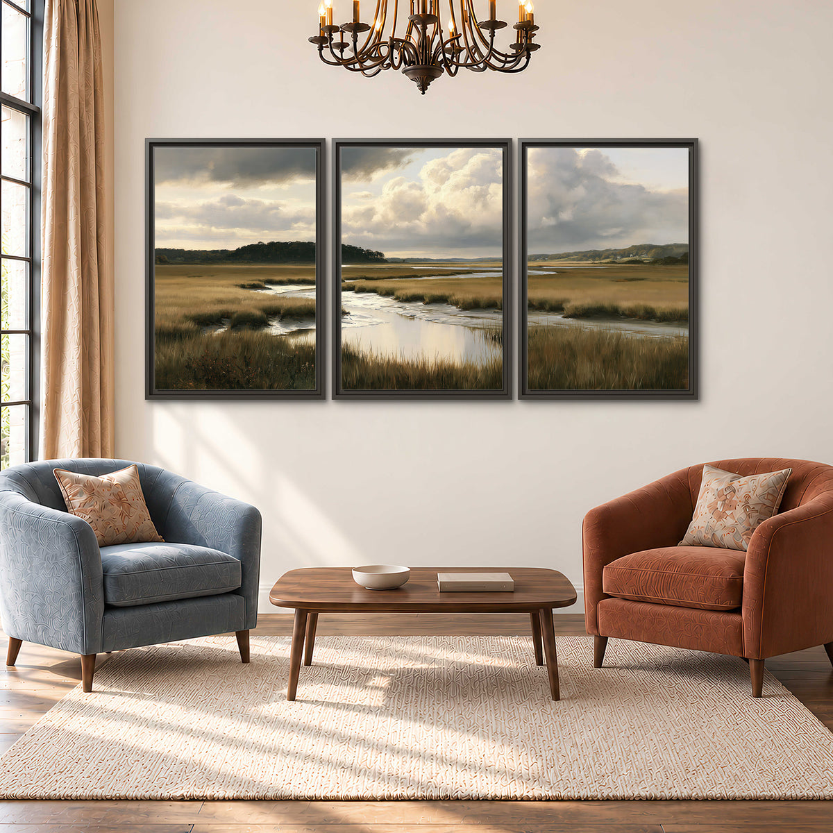 Pools of still water reflecting a dramatic cloud-filled sky across a golden marsh 3 piece framed canvas wall art styled in an interior