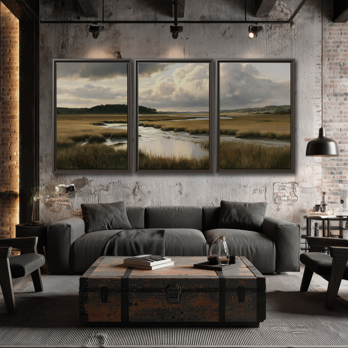 Pools of still water reflecting a dramatic cloud-filled sky across a golden marsh 3 piece framed canvas wall art displayed in a industrial room