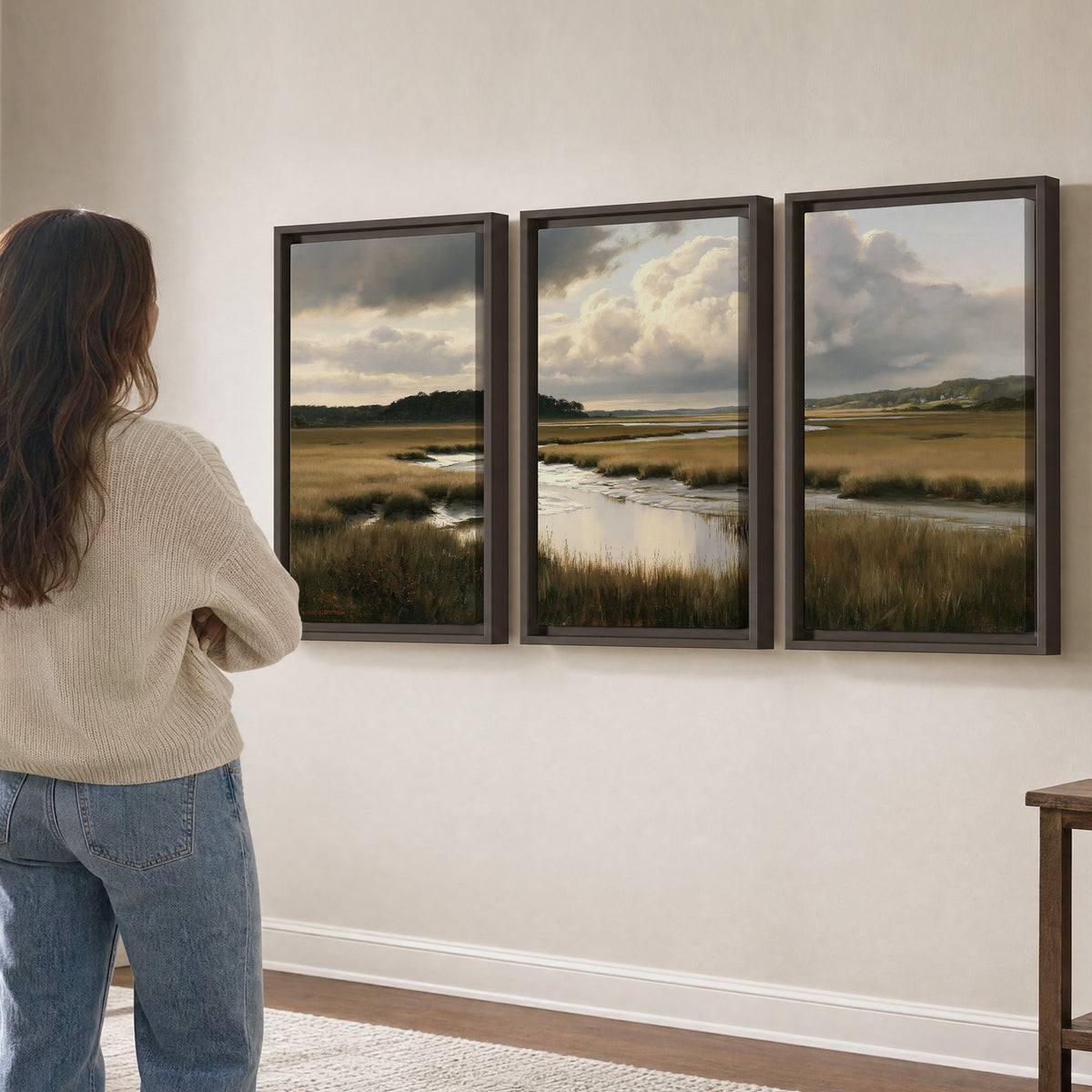 Pools of still water reflecting a dramatic cloud-filled sky across a golden marsh 3 piece framed canvas wall art three panel arrangement on a wall