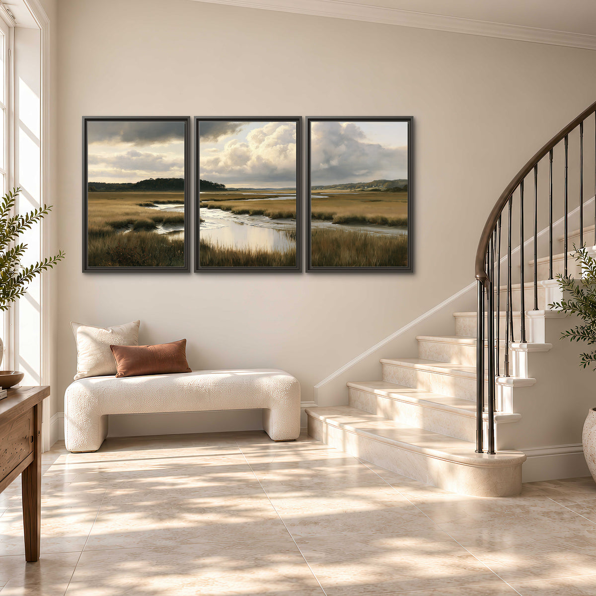 Pools of still water reflecting a dramatic cloud-filled sky across a golden marsh 3 piece framed canvas wall art styled in an interior