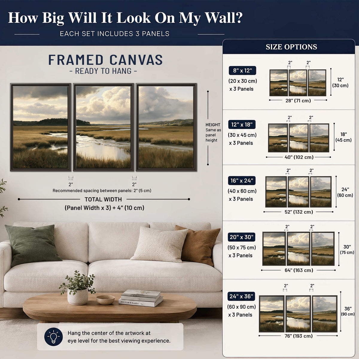 Pools of still water reflecting a dramatic cloud-filled sky across a golden marsh 3 piece framed canvas wall art size guide above a sofa; room view is illustrative