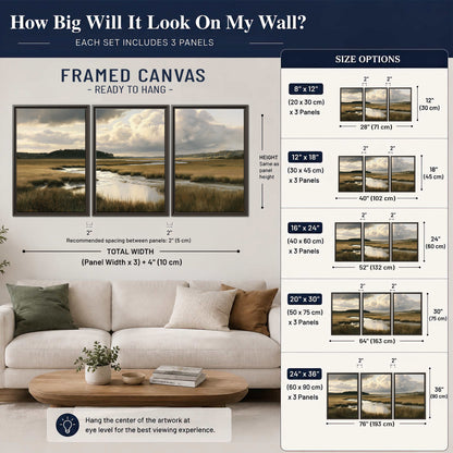 Pools of still water reflecting a dramatic cloud-filled sky across a golden marsh 3 piece framed canvas wall art size guide above a sofa; room view is illustrative