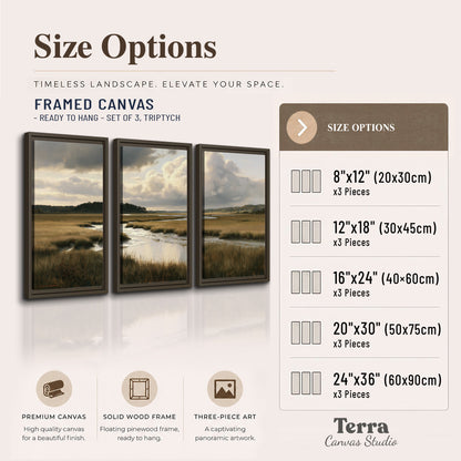 Pools of still water reflecting a dramatic cloud-filled sky across a golden marsh 3 piece framed canvas wall art available dimensions; triptych dimensions are per panel