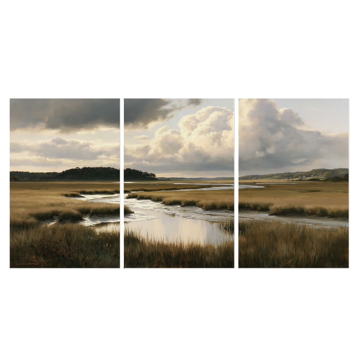 Pools of still water reflecting a dramatic cloud-filled sky across a golden marsh set of 3 poster prints viewed straight on