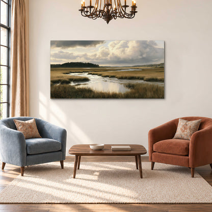 Pools of still water reflecting a dramatic cloud-filled sky across a golden marsh single canvas wall art styled in an interior