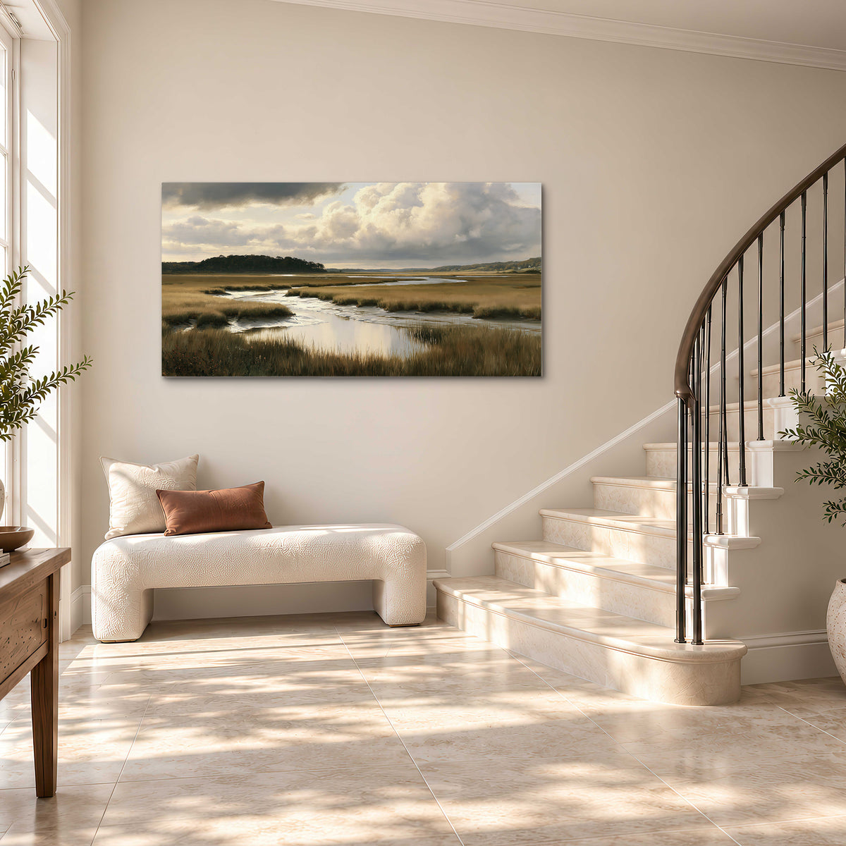 Pools of still water reflecting a dramatic cloud-filled sky across a golden marsh single canvas wall art styled in an interior