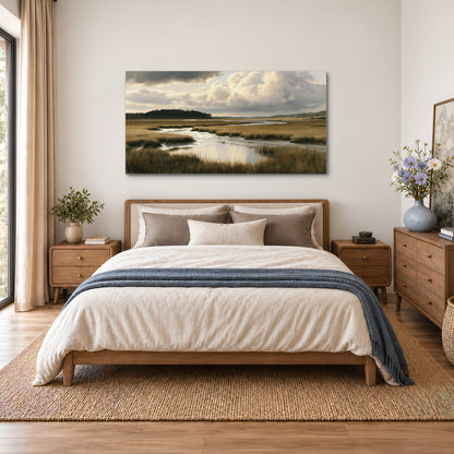 Pools of still water reflecting a dramatic cloud-filled sky across a golden marsh single canvas wall art styled in an interior