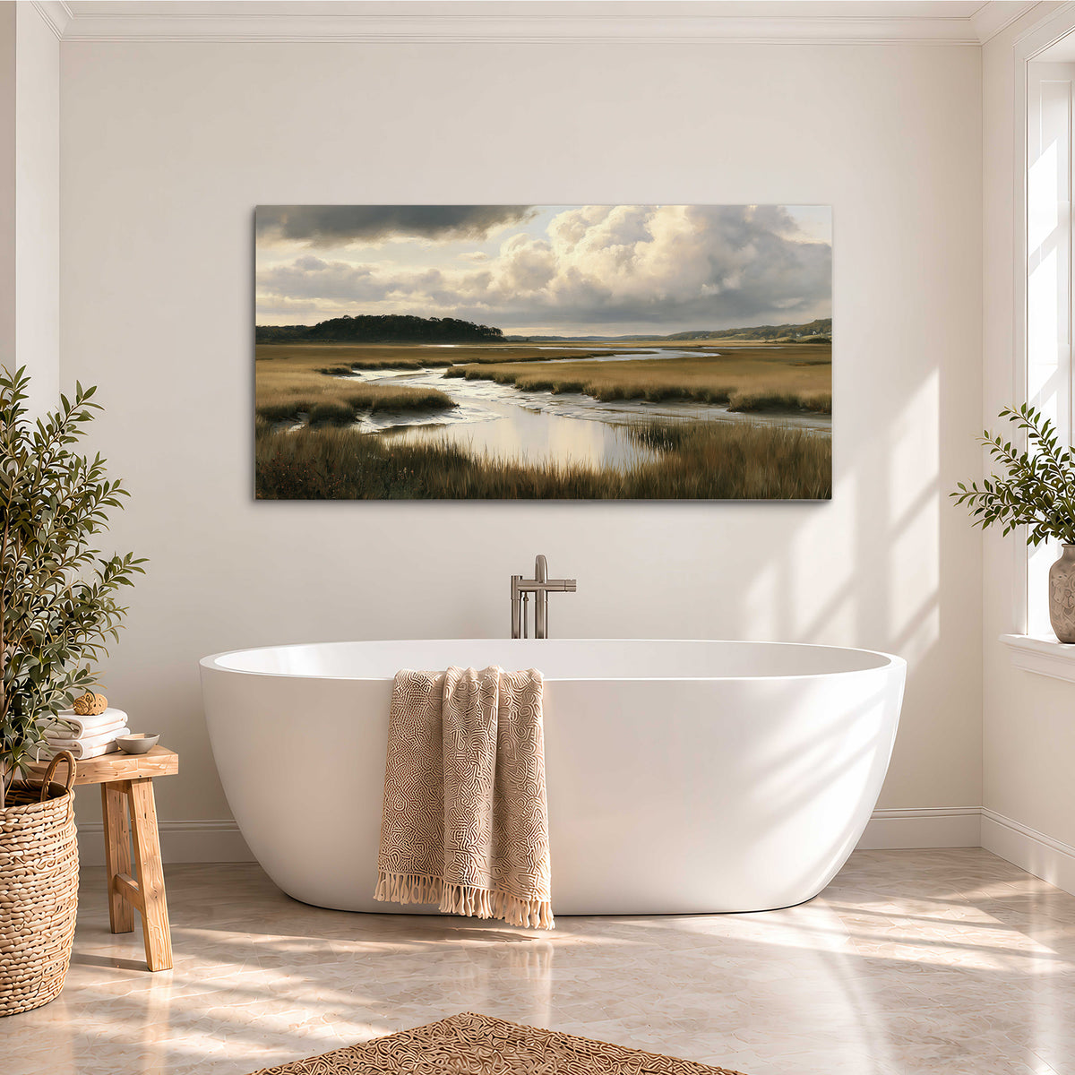 Pools of still water reflecting a dramatic cloud-filled sky across a golden marsh single canvas wall art styled in an interior